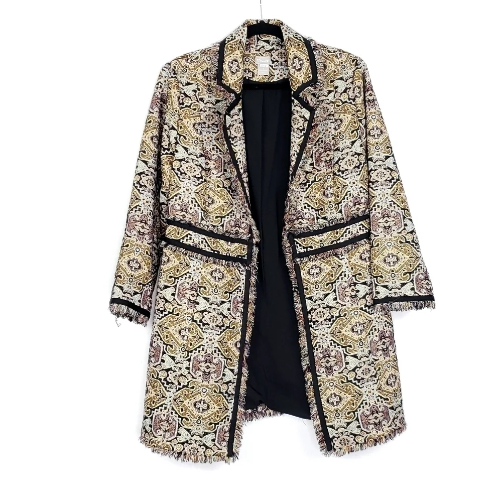 Chico's Fringe trim Jacquard Topper jacket size 1 =M/8 - Picture 11 of 12